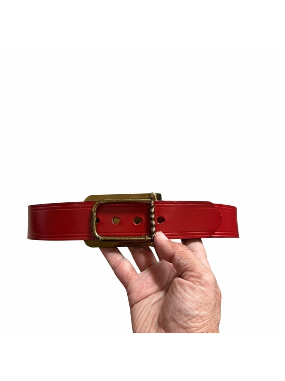 Roger Van S Vintage Red Leather Belt MCM Unique Closure Brass Buckle Size 28